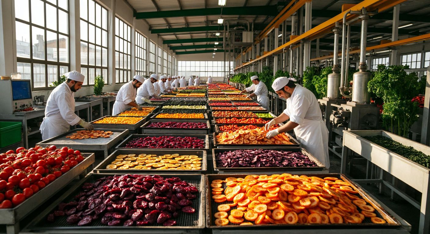 A sunlit Turkish factory with workers in white uniforms carefully arranging trays of sliced fruits and vegetables for drying, surrounded by vibrant produce and industrial drying machines.