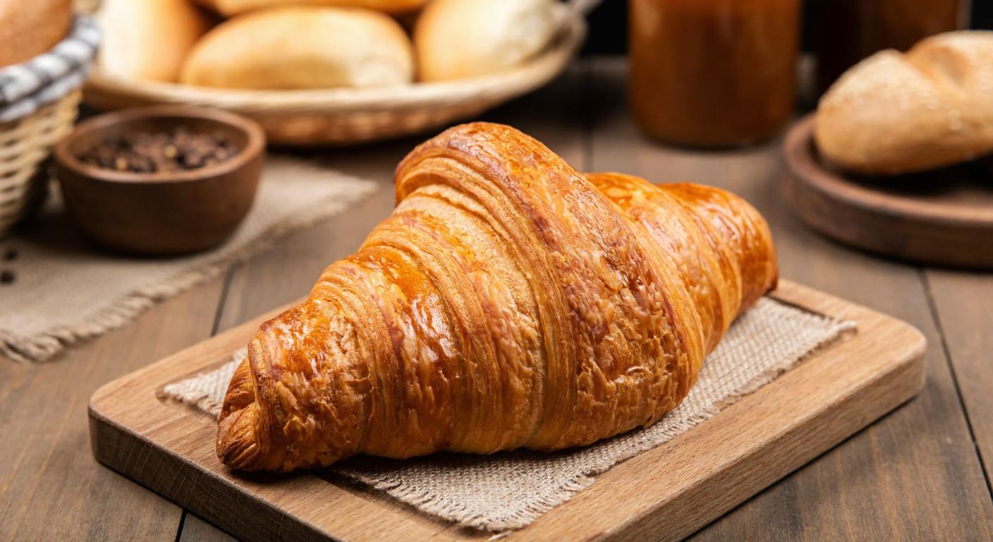 A golden, flaky croissant with a distinctive lattice pattern sits on a rustic wooden table in a cozy Turkish bakery, surrounded by fresh bread and pastries.
