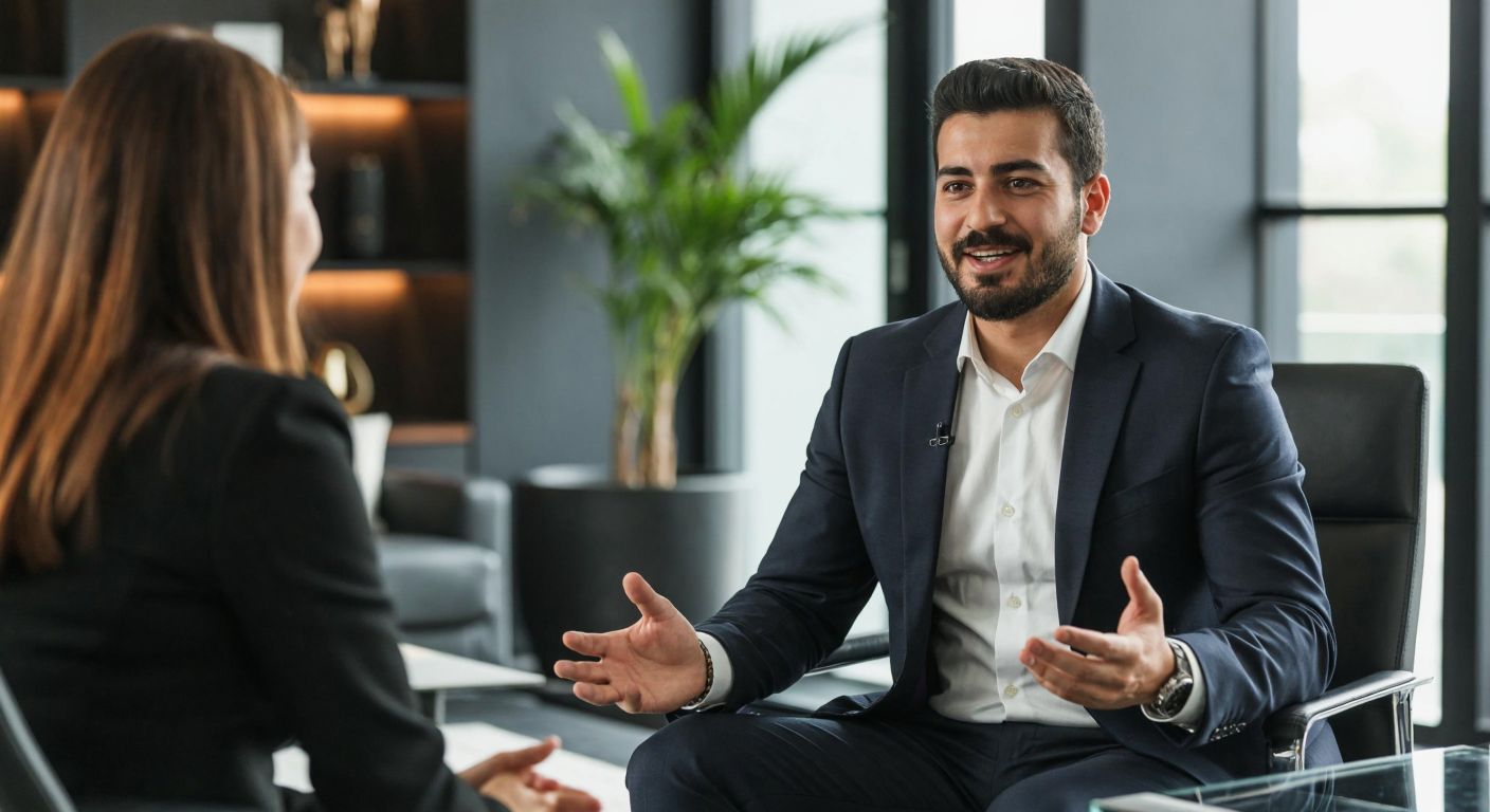 A confident Turkish man in a formal suit sits across from an interviewer in a sleek office, gesturing politely while speaking, with a warm smile and attentive eye contact.