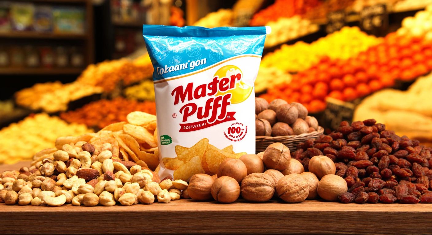 A colorful bag of Master Puff chips resting on a wooden table in a Turkish market, surrounded by fresh nuts and dried fruits, with a warm golden light highlighting the brand logo.