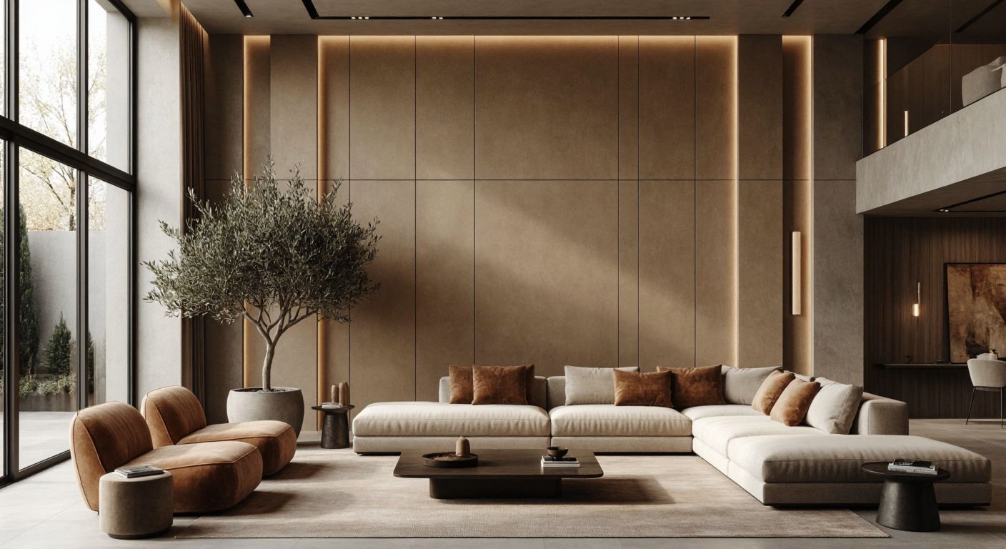 A modern Turkish living room with sleek fiber wall panels in warm earth tones, a plush sofa facing them, and a potted olive tree in the corner.