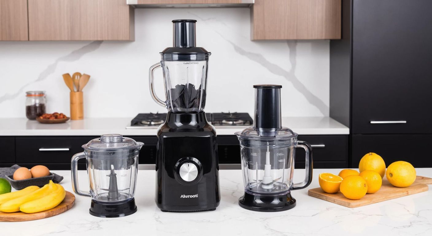 A sleek black blender (Ar1137) with a large pitcher and chopper bowl sits beside a compact kitchen robot (Ar1044) with multiple grating blades and a citrus juicer attachment, both placed on a marble countertop in a modern Turkish kitchen.