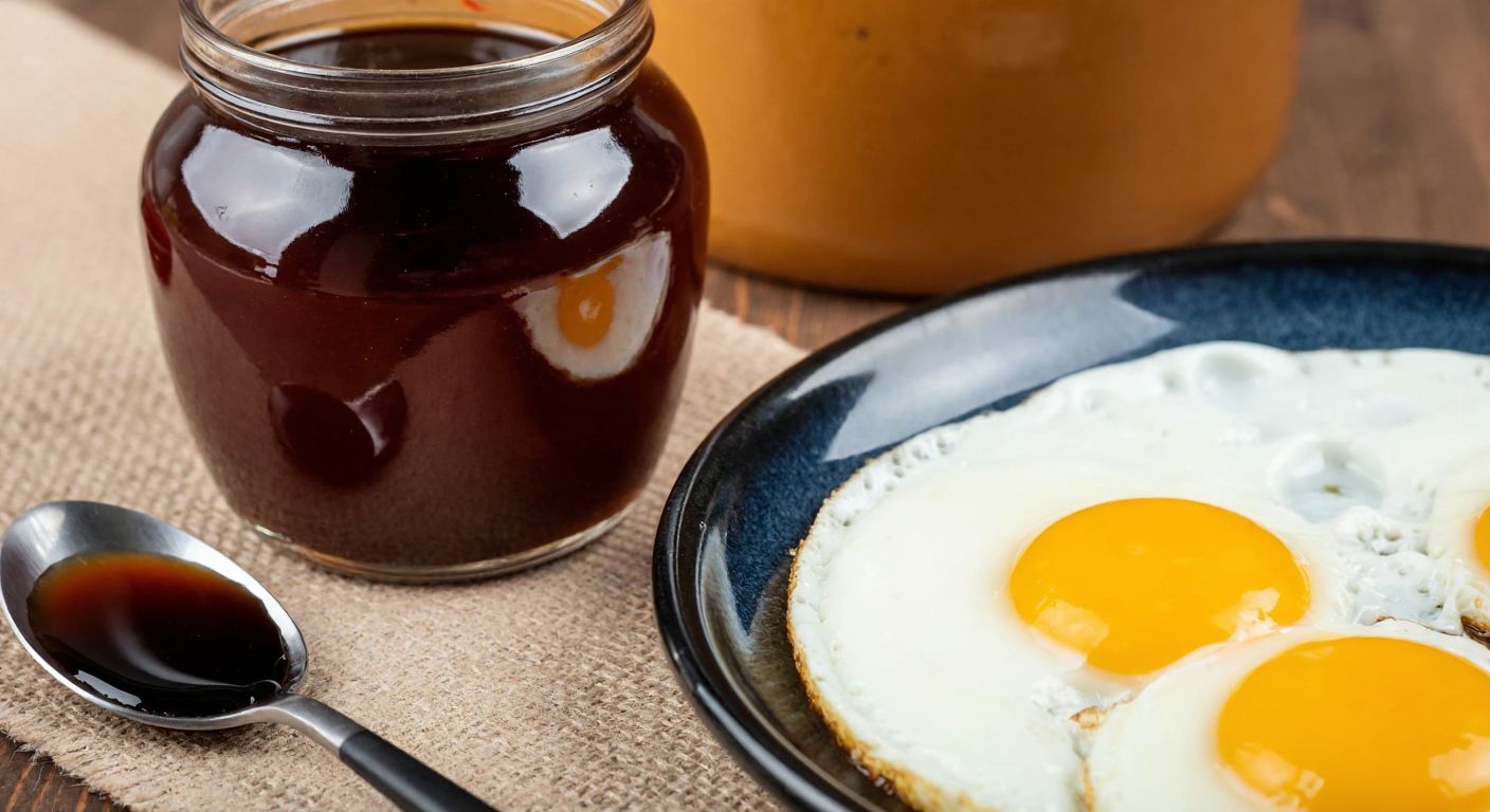 A rustic Turkish kitchen table with a golden-brown pekmez jar next to a plate of sunny-side-up eggs, drizzled with dark, glossy pekmez, evoking warmth and nourishment.