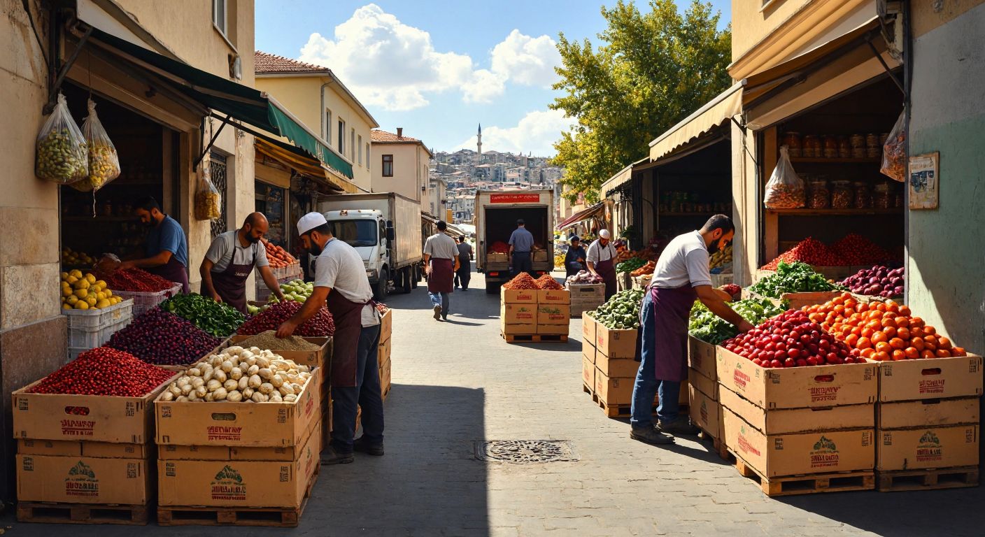 A bustling Turkish wholesale food market with stacked crates of fresh produce, sacks of spices, and workers in aprons loading goods onto delivery trucks under a bright sun.