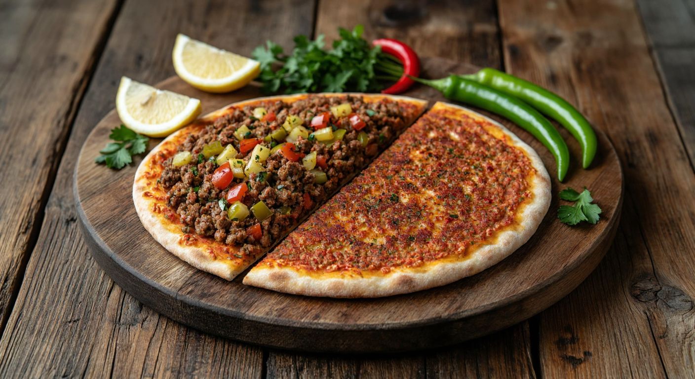 A rustic wooden table holds two golden-brown lahmacuns side by side—one thin and soft (Urfa-style) topped with minced meat and diced vegetables, the other thicker and crispier (Antep-style) richly spiced with red pepper flakes, accompanied by fresh parsley, lemon wedges, and green peppers.