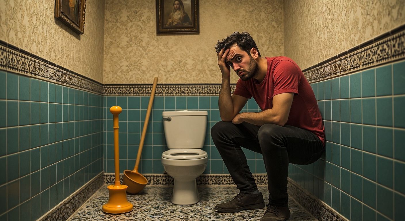 A confused person in a Turkish bathroom looking at a toilet and a plunger, scratching their head with a puzzled expression.