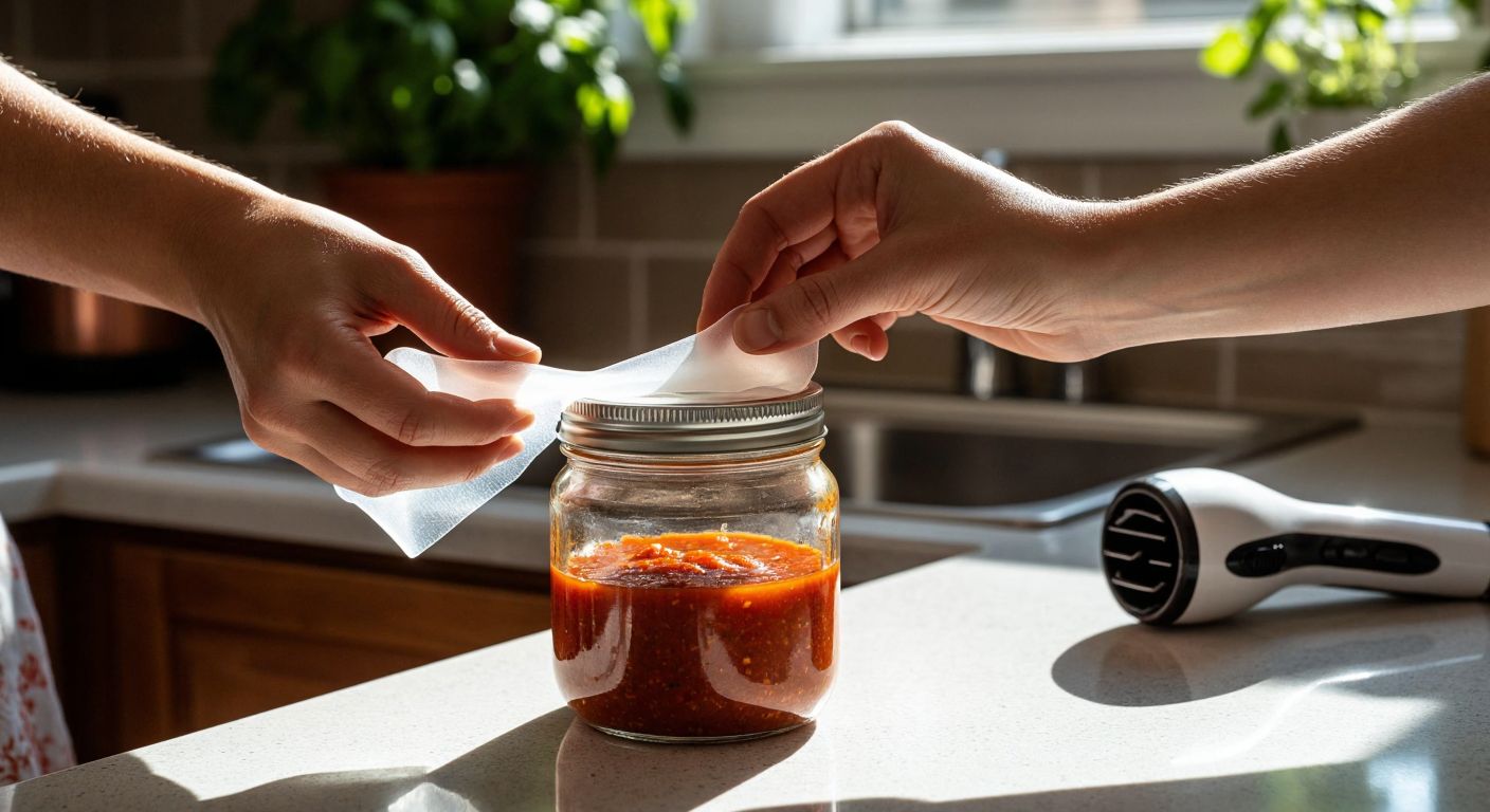 A pair of hands carefully stretching a translucent rubber safety band over the lid of a clean glass jar filled with homemade red pepper paste, with a hairdryer warming the band nearby on a sunlit Turkish kitchen counter.
