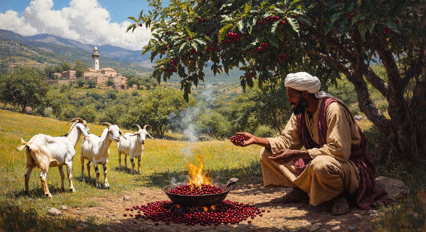 A Habeşian goat herder in a sunlit field watches his energetic goats nibbling red coffee cherries from a leafy tree, while a robed dervish nearby roasts the beans over a small fire, their faces lit with curiosity and wonder.