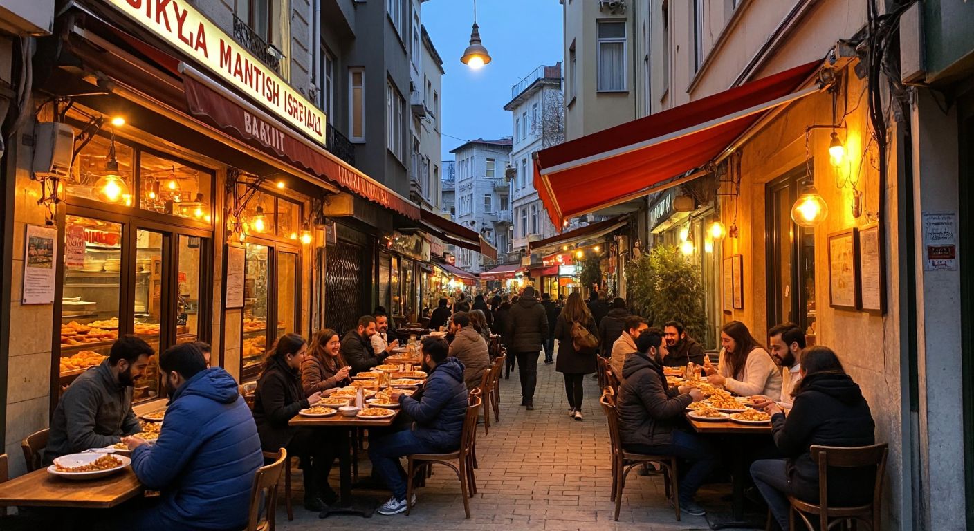 A bustling Istanbul street scene with two small, cozy restaurants side by side—one in Beşiktaş with warm yellow lighting and steaming plates of mantı, the other in Fulya with a red awning and customers laughing over shared dishes.