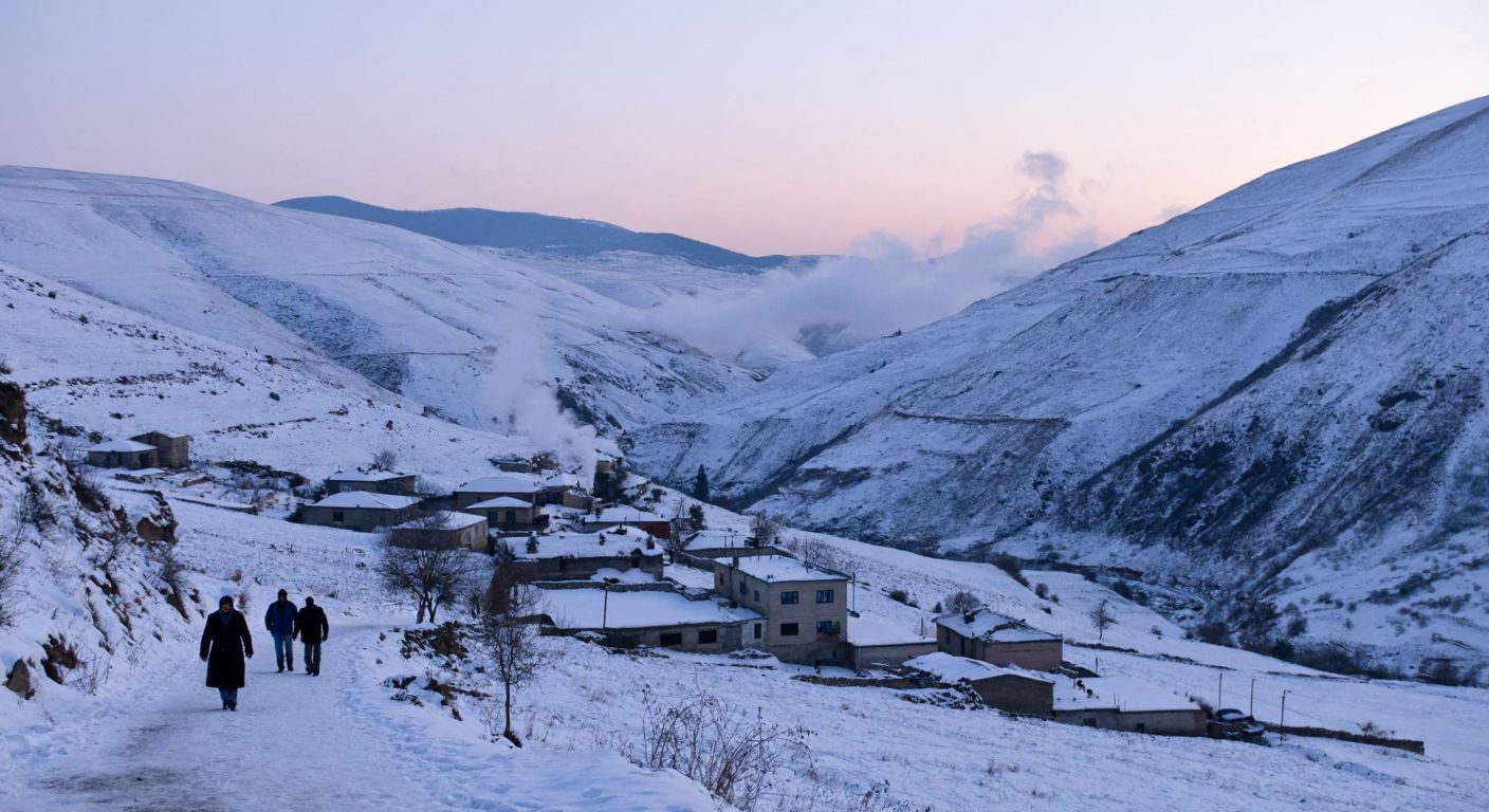 A snow-covered mountainous landscape in İdil, Turkey, with a small village nestled in the valley, smoke rising from chimneys, and bundled-up locals walking on icy paths under a pale winter sky.