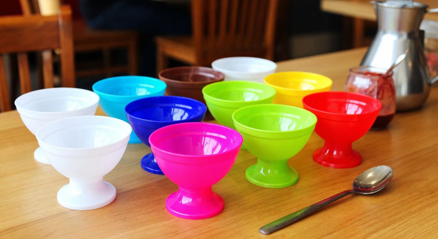 A colorful array of small plastic dessert bowls, some with stems and others plain, neatly arranged on a wooden table in a Turkish café, with a spoon resting beside them.