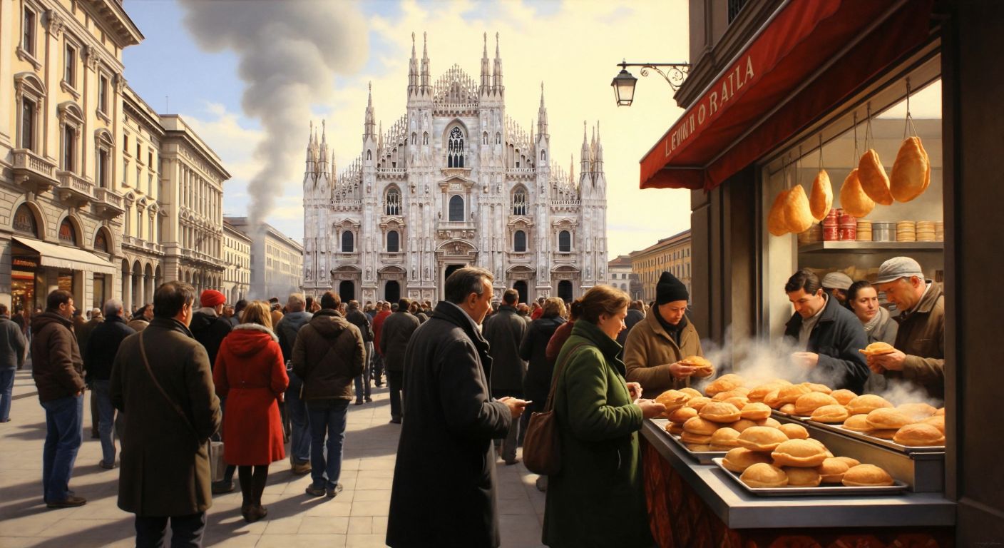 A bustling Italian street scene in front of Milan's Duomo Cathedral, with a long queue of eager customers waiting outside Luini's small shop, holding golden-brown, freshly fried panzerotti that steam in the crisp air.