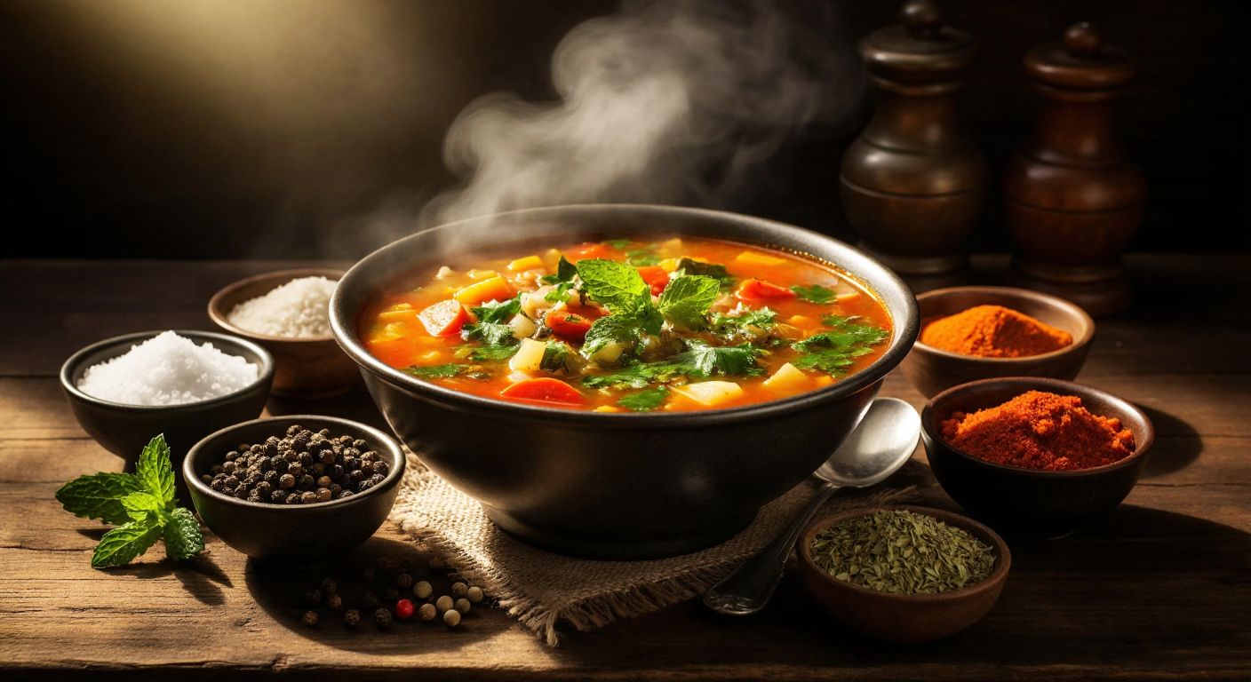 A steaming bowl of vibrant vegetable soup sits on a rustic wooden table, surrounded by small bowls of aromatic spices—salt, black pepper, cumin, garlic powder, and dried mint—with a warm golden light casting cozy shadows.
