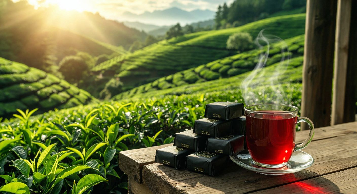 A lush green tea field under a bright sun, a neatly stacked pile of black tea packages on a wooden market shelf, and a steaming glass of deep red brewed tea resting on a cozy home table.
