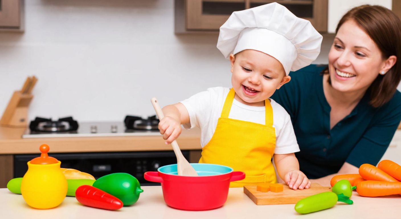 A cheerful toddler in a tiny chef's hat and apron, stirring a colorful plastic pot on a miniature kitchen set, surrounded by toy vegetables and a smiling parent watching nearby.