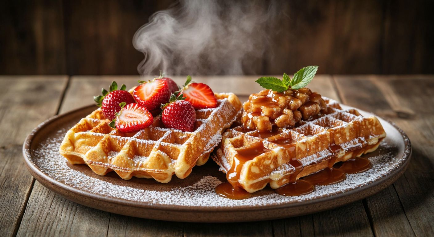 A golden-brown Brussels waffle topped with powdered sugar and fresh strawberries sits beside a caramel-glazed Liège waffle on a rustic wooden table, steam rising from both.