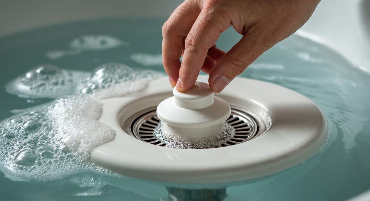 A close-up of a hand pressing a rubber bathtub stopper into a white porcelain drain, with warm water and soap bubbles filling the background.
