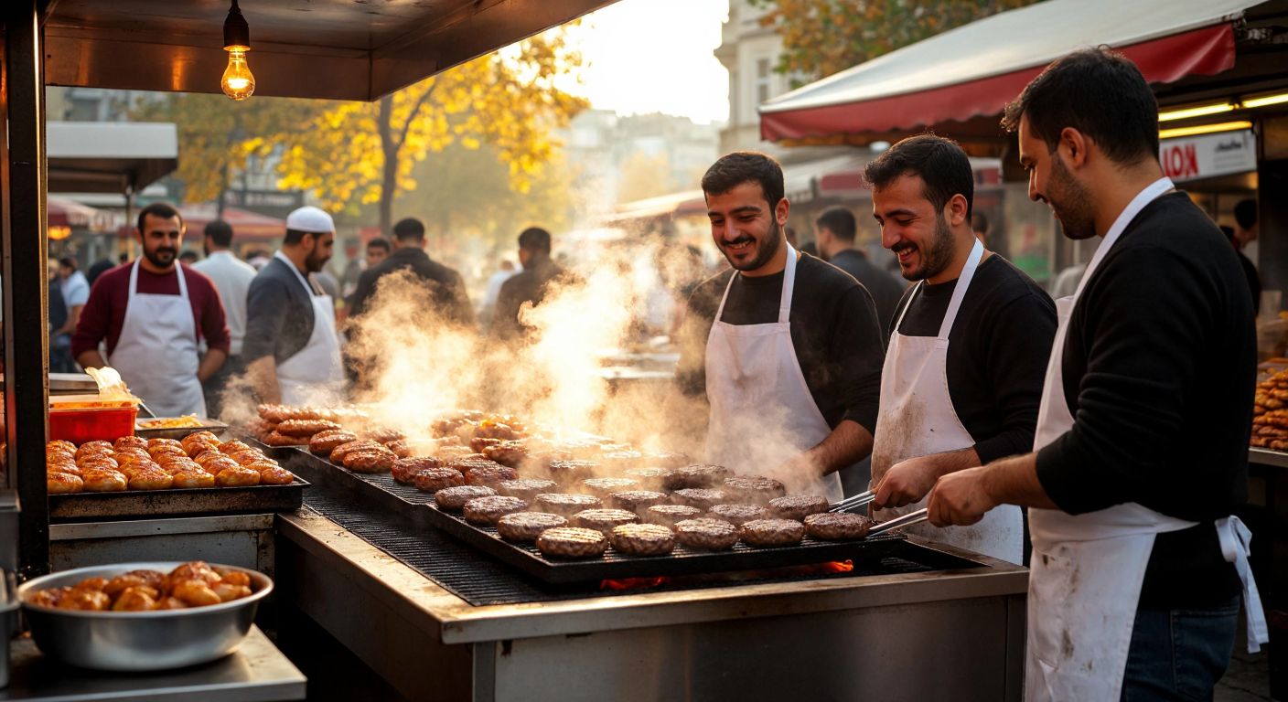 A bustling Istanbul street food stall with steam rising from sizzling *ıslak hamburgers* on a grill, surrounded by the Kızılkaya family—men with proud smiles wearing white aprons—serving eager customers under warm golden light.