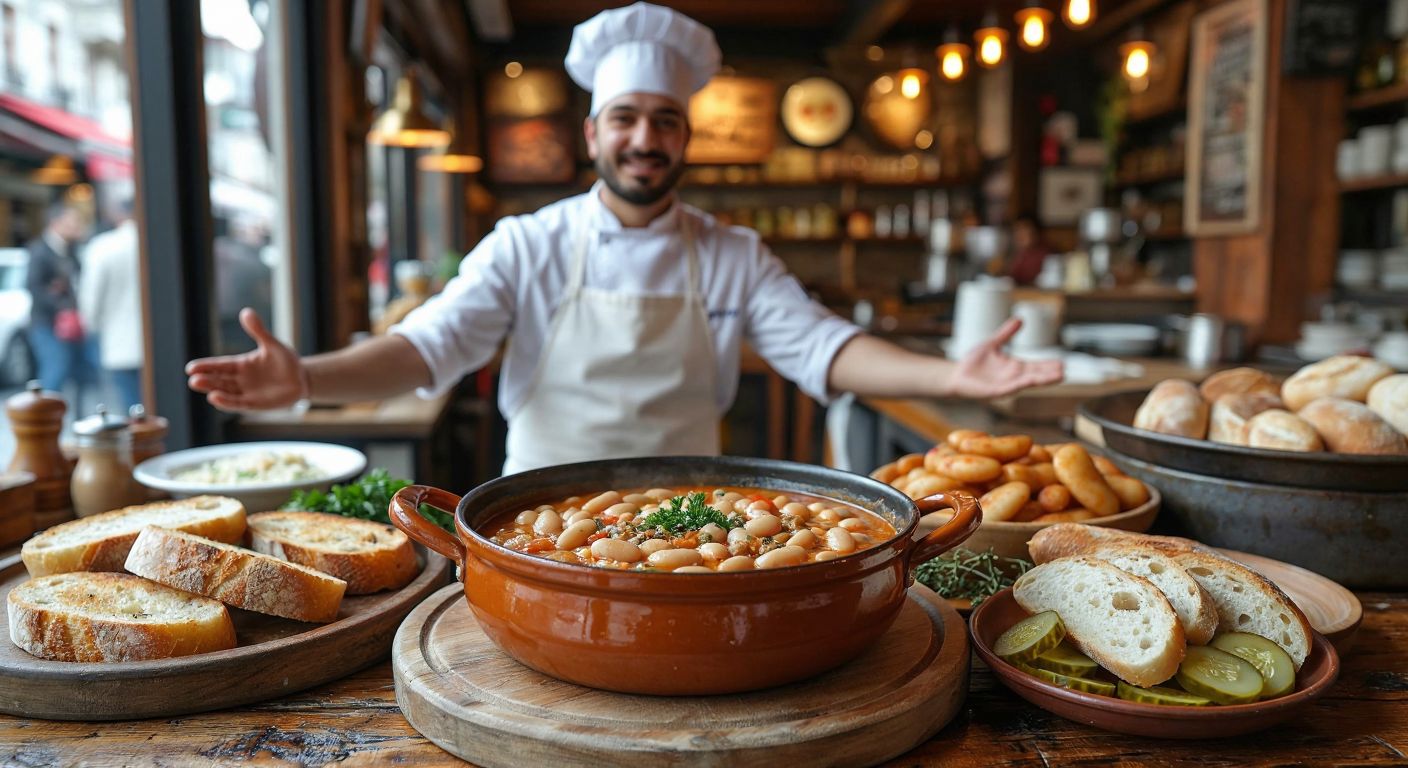 A steaming bowl of creamy white bean stew (kuru fasulye) sits on a rustic wooden table in a bustling Istanbul eatery, with warm bread and pickles beside it, as a smiling chef in a white apron gestures proudly toward the dish.