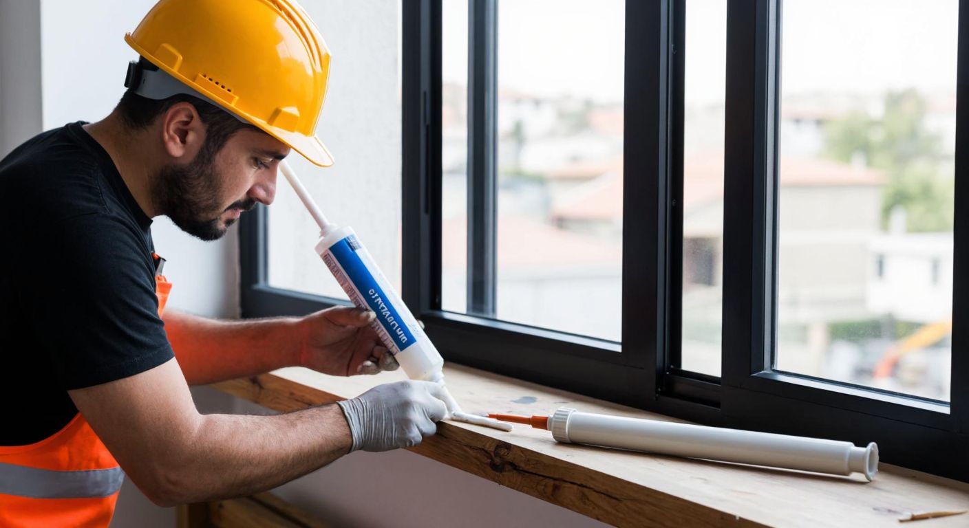 A Turkish construction worker in a hard hat carefully applies a bead of silicone sealant along the edge of a window frame, with a tube of silicone and a caulking gun resting on a wooden workbench nearby.