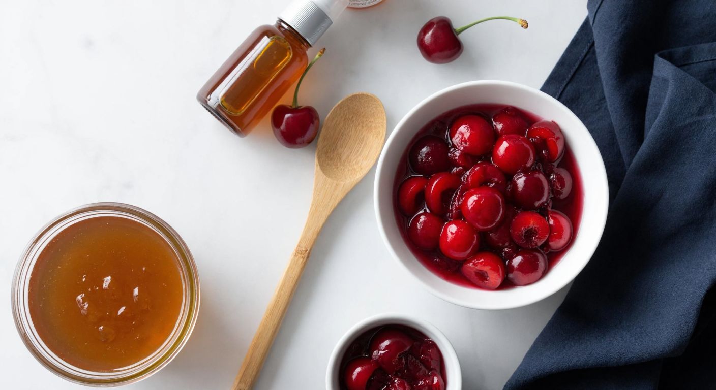A Turkish kitchen counter with a bowl of vibrant red cherry jelly, a jar of honey, and a wooden spoon, alongside a small bottle of hair gel and a cosmetic cream, evoking curiosity and practicality.