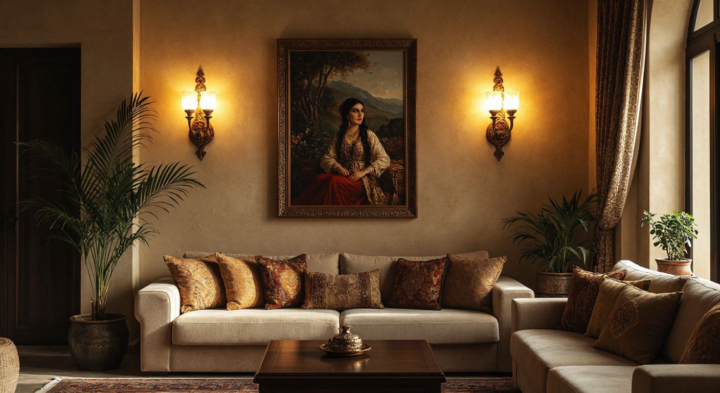 A warm, dimly lit Turkish living room with an ornate wall-mounted picture light casting a soft glow on a traditional oil painting, while adding an elegant touch to the textured beige walls.