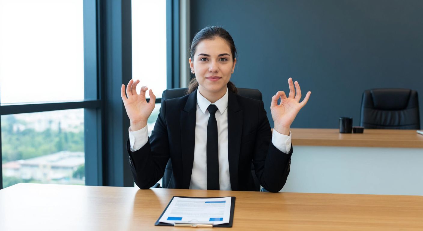 A young professional in a formal outfit sits at a wooden desk in a bright Turkish office, confidently gesturing with their hands in sign language while a neatly organized CV lies in front of them.