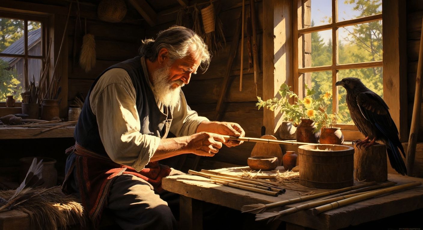 A weathered craftsman in a sunlit rural workshop carefully carves a slender sipsi flute from a fresh willow branch, surrounded by scattered reeds and eagle feathers.