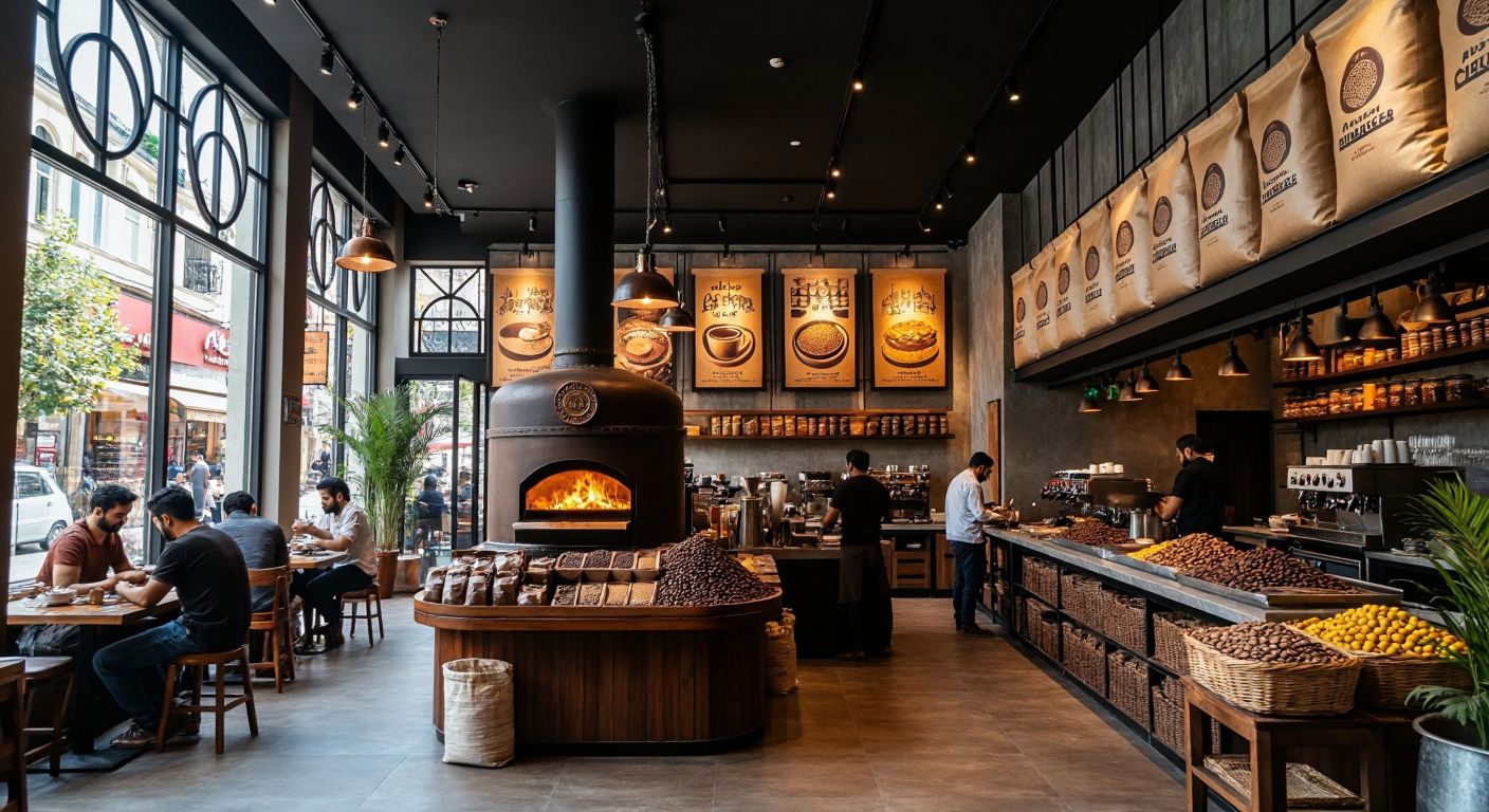 A bustling Turkish coffee roastery in Istanbul with sacks of imported beans and a warm, aromatic atmosphere, contrasted by a modern Indian cafe in Aligarh serving vibrant local dishes in a mall setting.