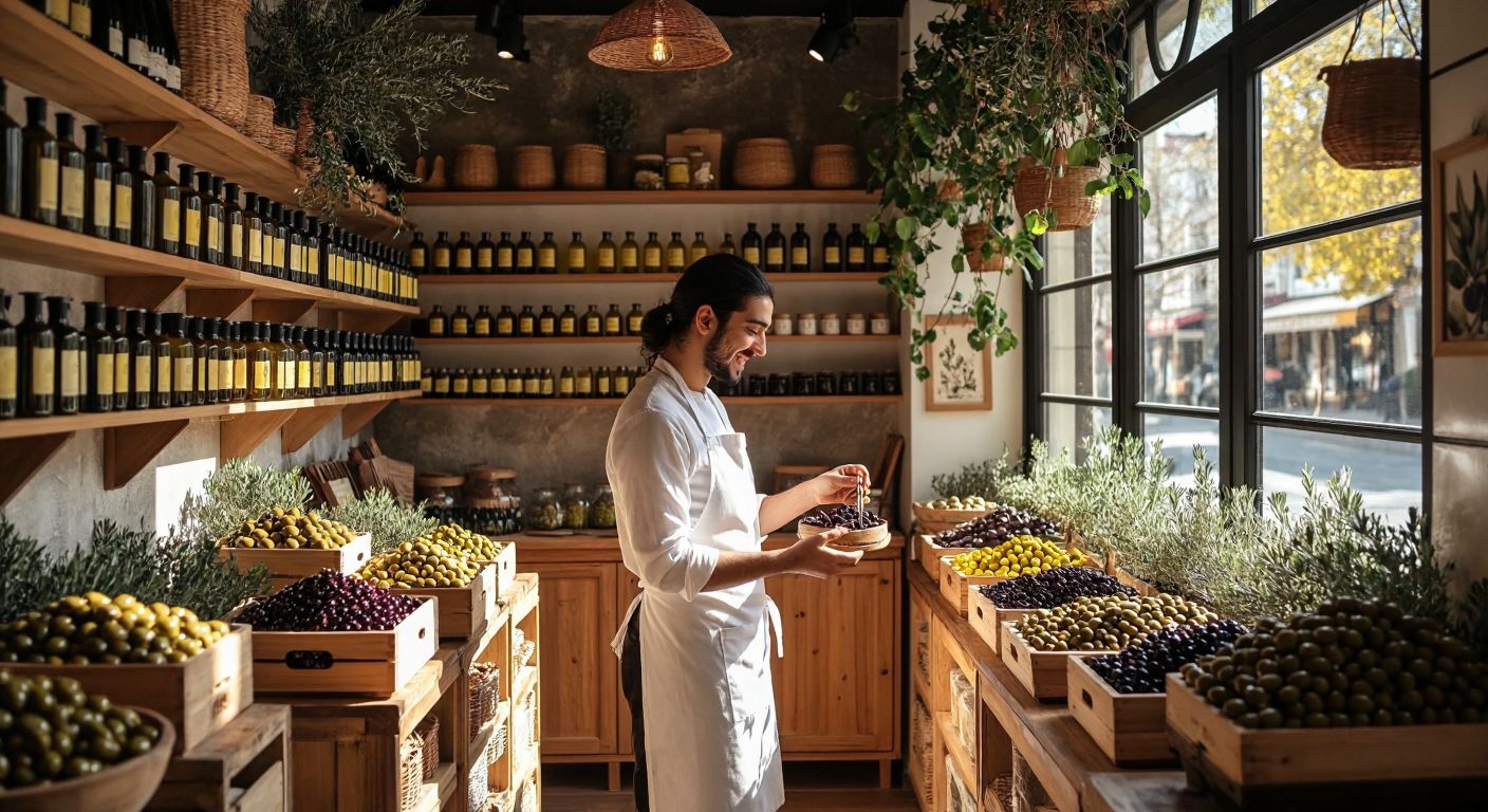 A cozy boutique in Bakırköy, Istanbul, with shelves lined with amber-hued olive oil bottles, a smiling shopkeeper in a white apron offering a tasting sample, and warm sunlight streaming through the window onto wooden crates of fresh olives.