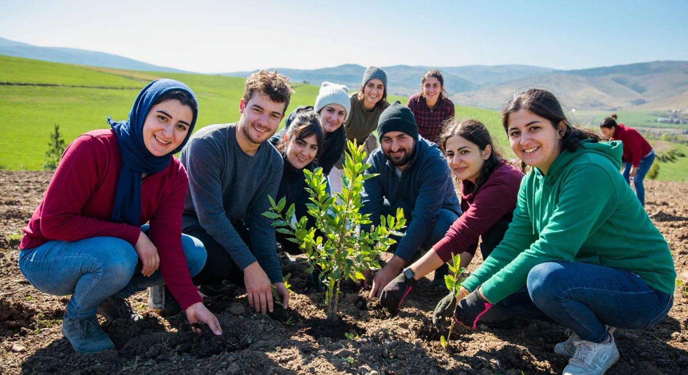 A group of diverse people in Turkey, wearing casual clothing and warm smiles, planting young saplings together in a sunlit field, with rolling green hills and a clear blue sky in the background.