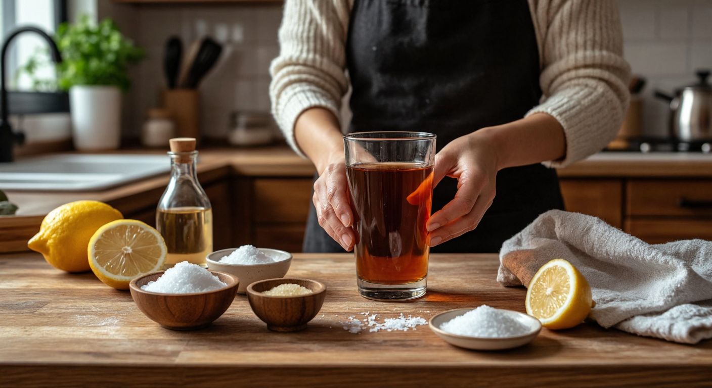 A Turkish woman in a cozy kitchen scrubs a stained tea glass with a soft sponge, surrounded by small bowls of baking soda, vinegar, salt, and a sliced lemon on a wooden counter.