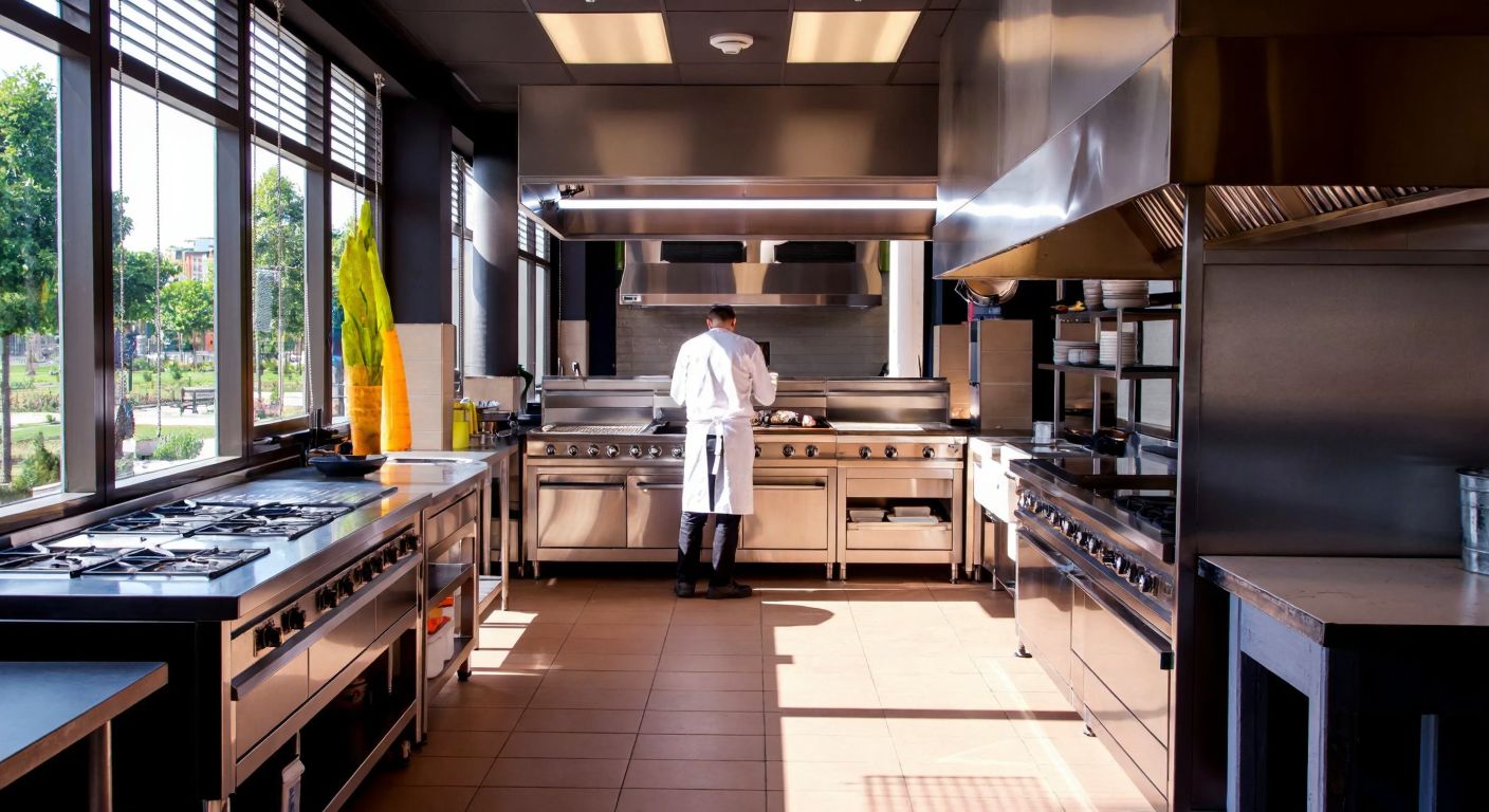 A modern restaurant kitchen in Beylikdüzü with gleaming stainless steel Öztiryakiler equipment, a chef in a white apron inspecting a polished industrial stove, and warm sunlight streaming through large windows onto tiled floors.