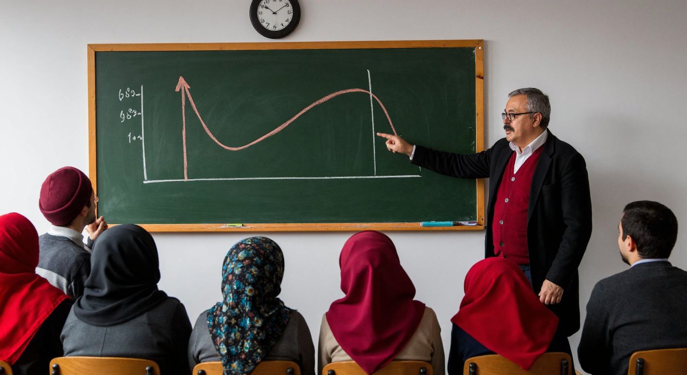 A Turkish economics professor in a classroom points to a chalkboard with a simple graph showing two points connected by a curve, while students in traditional Turkish attire lean forward attentively.
