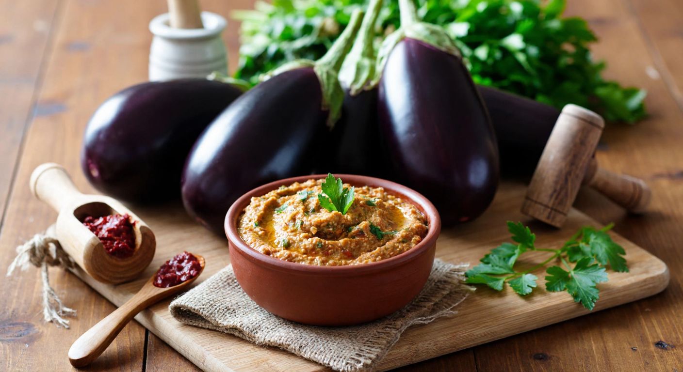 A rustic wooden table holds plump, deep purple eggplants (topan patlıcan) beside a mortar and pestle, with a bowl of smoky roasted eggplant dip (patlıcan ezme) and fresh herbs, evoking a warm Turkish kitchen.