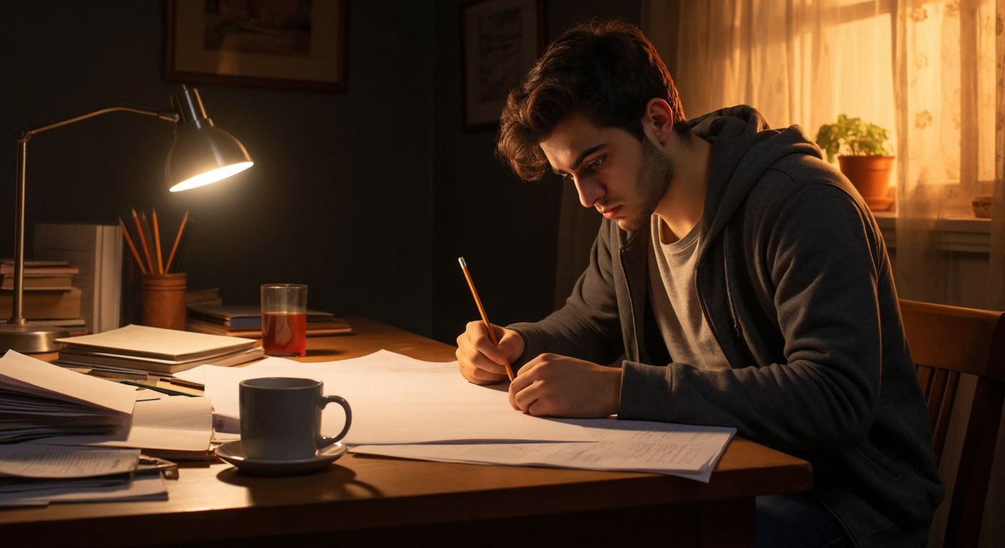 A focused Turkish student sits at a wooden desk, surrounded by scattered study papers and a steaming cup of çay, anxiously gripping a pencil while staring at a blank exam sheet under warm lamplight.