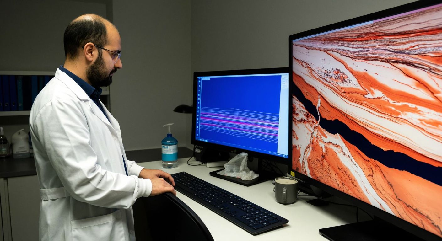 A Turkish scientist in a lab coat examines seismic wave patterns on a monitor while standing beside a detailed 3D model of tectonic plates under Anatolia.