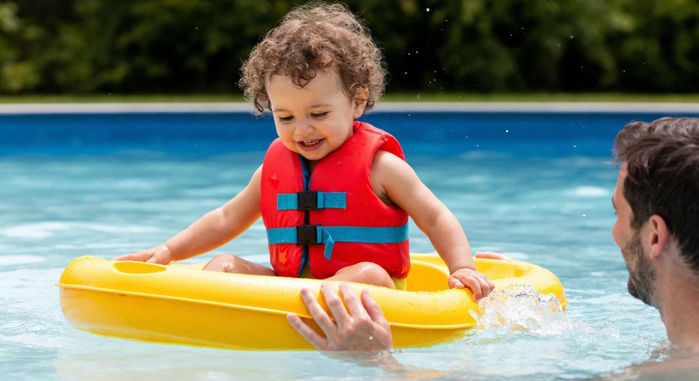 A cheerful toddler with curly hair, wearing a bright red life vest, sits in a small yellow plastic boat floating in a shallow pool, splashing water with glee while a smiling parent watches from the edge.