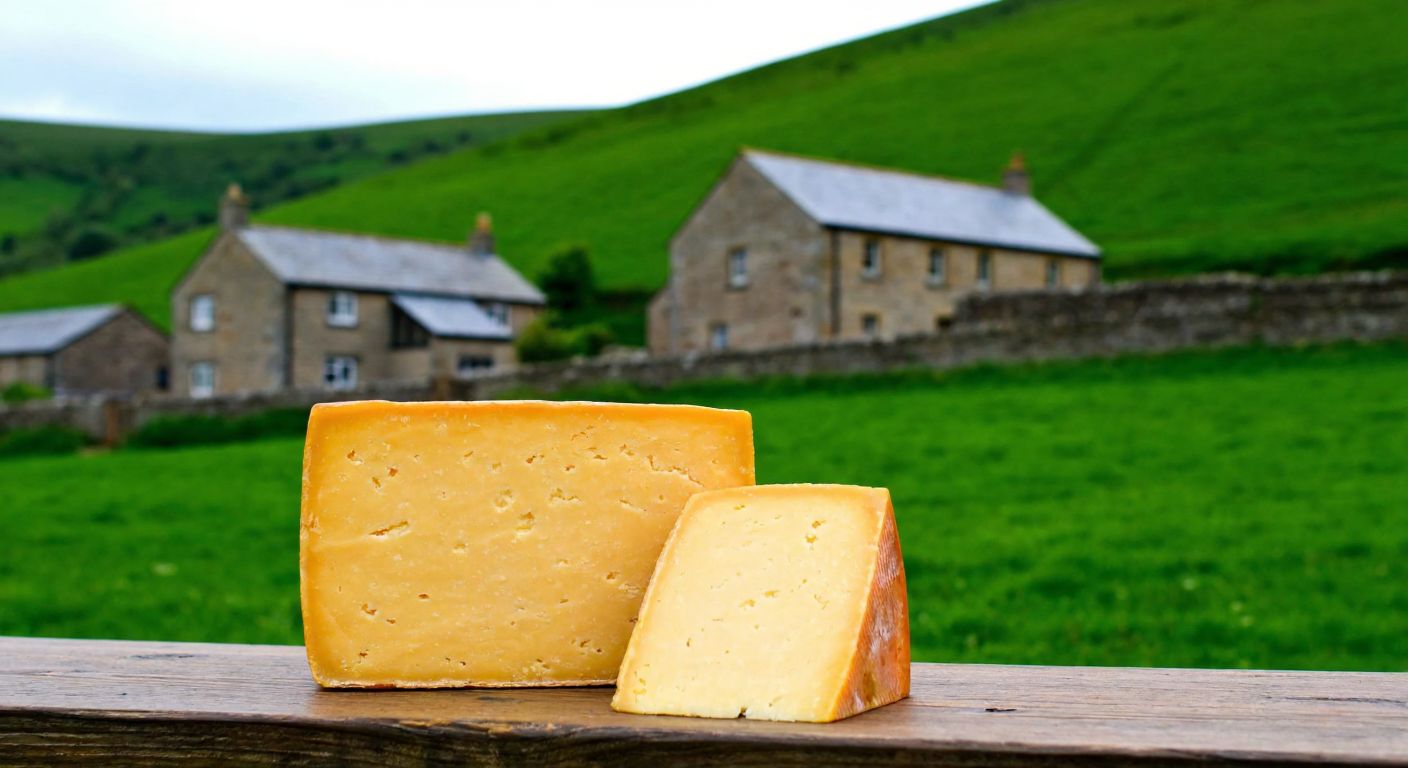A rustic English countryside scene with a block of golden cheddar cheese on a wooden table, surrounded by green hills and a quaint stone village in the background.