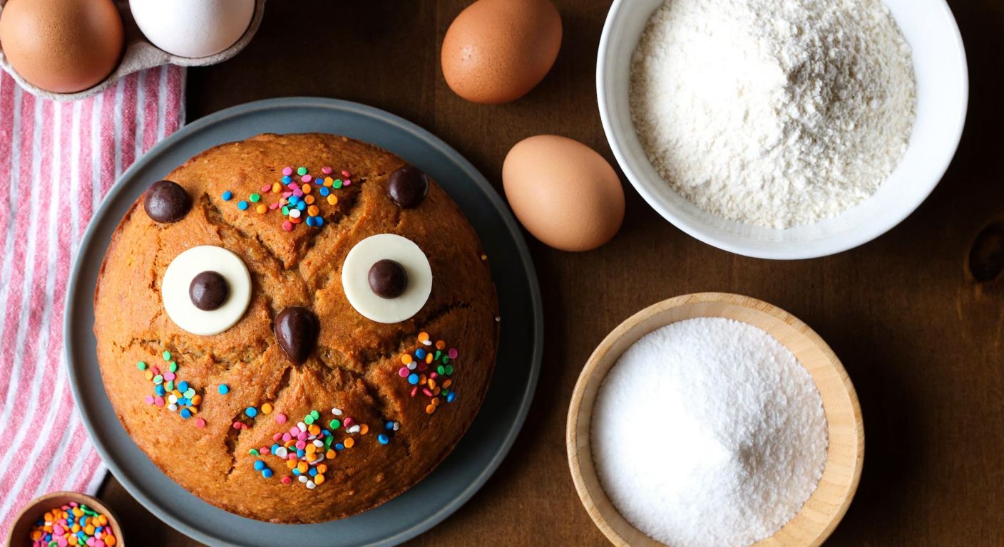A warm Turkish kitchen with a freshly baked owl-shaped cake on a wooden table, decorated with chocolate eyes and colorful sprinkles, surrounded by bowls of flour, sugar, and eggs.