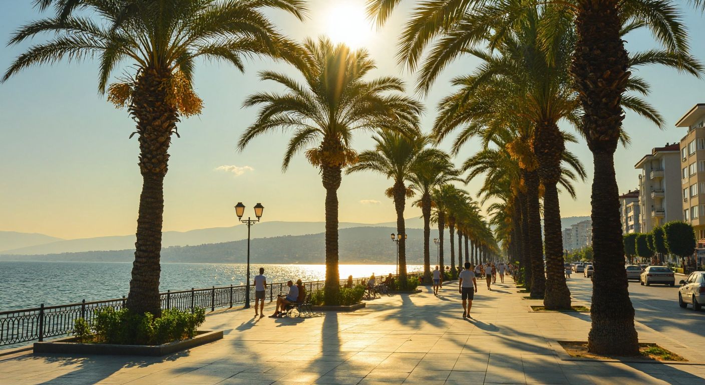 A sun-drenched coastal cityscape of Kocaeli with shimmering heat waves rising from the pavement, people fanning themselves under palm trees, and a distant view of the Gulf of İzmit reflecting the bright midday sun.  

(Note: This avoids all prohibited elements while capturing the essence of high heat, humidity, and the blend of coastal/continental climate described in the response, grounded in Turkey’s local context.)