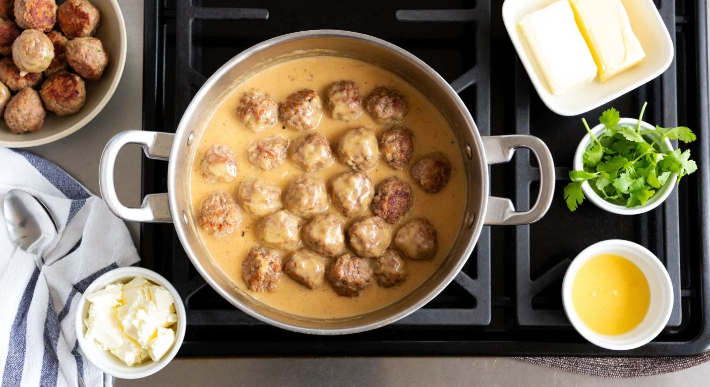 A steaming pot of creamy brown Swedish meatball sauce sits on a stovetop, surrounded by fresh ingredients like butter, cream, and mustard, with golden-brown meatballs ready to be drizzled.