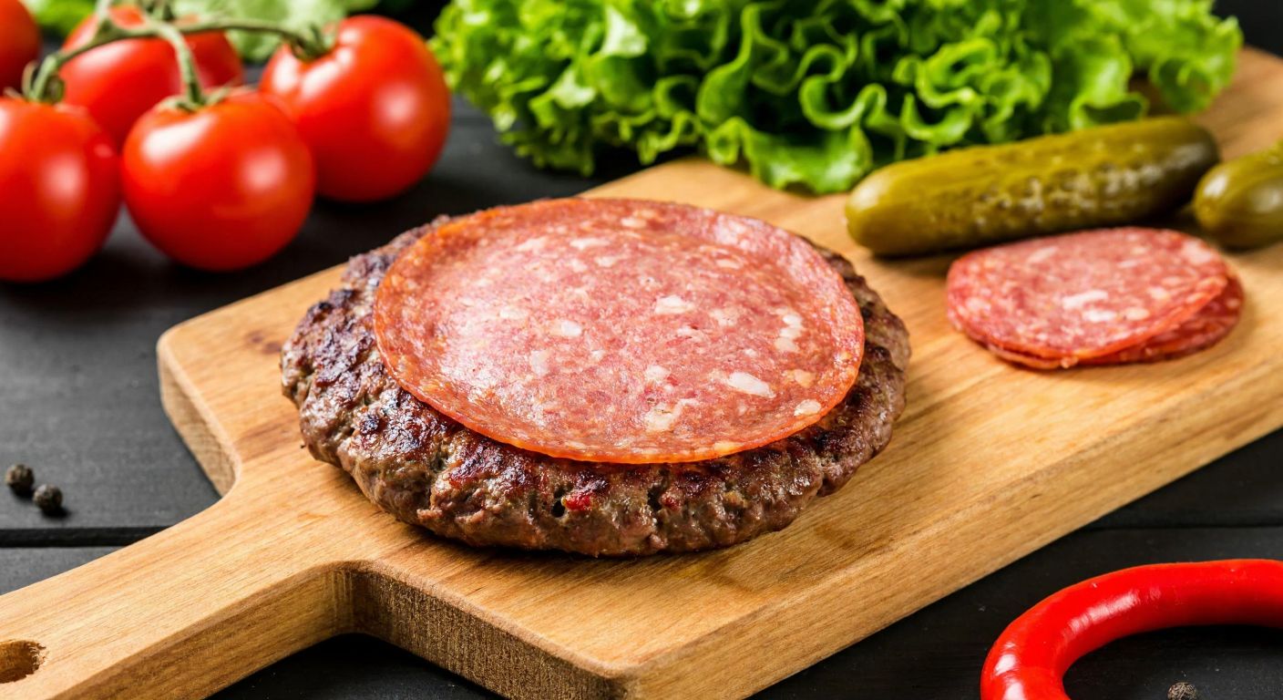 A close-up of sizzling, juicy hamburger patties with thinly sliced salami on top, resting on a rustic wooden cutting board beside fresh ingredients like tomatoes, lettuce, and pickles, evoking the warmth of a Turkish home kitchen.