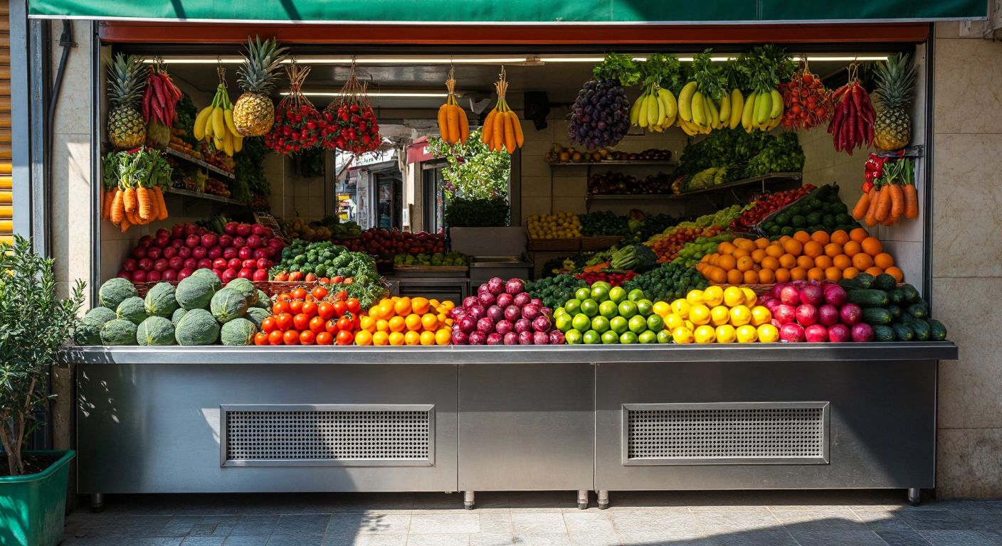 A vibrant Turkish greengrocer's stall with neatly arranged fresh fruits and vegetables on a stainless steel counter, featuring a mirrored backdrop, natural sunlight highlighting the produce, and a lower storage section with a grid-patterned base for ventilation.