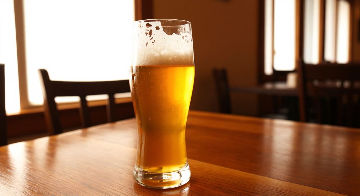 A golden pilsner beer with a frothy white head, served in a chilled glass on a wooden table in a cozy Turkish tavern, with soft sunlight filtering through the window.