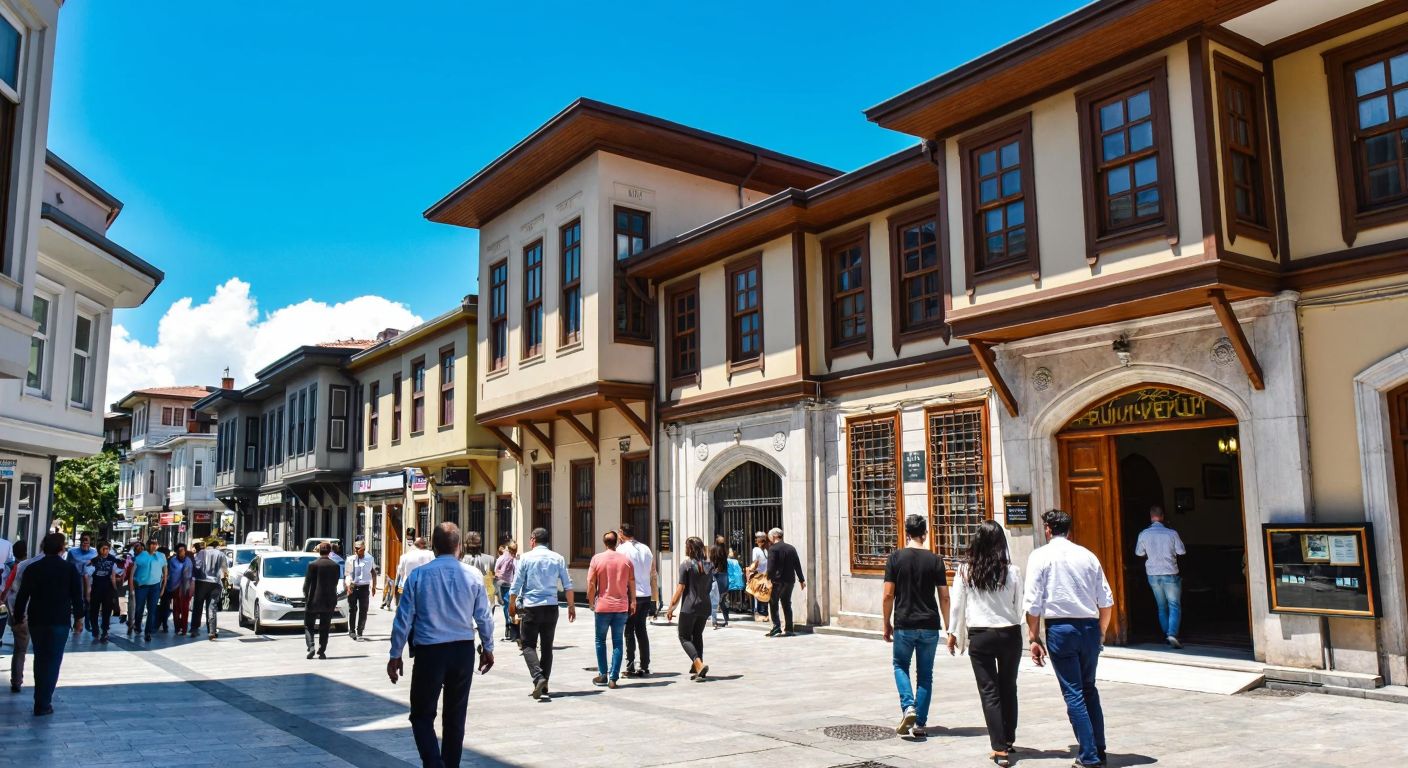 A bustling Istanbul street in Eyüpsultan, with traditional Ottoman-style buildings, a signless municipal office entrance, and people in casual attire walking by under a bright blue sky.