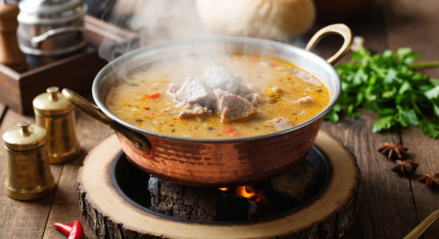 A steaming copper pot of kelle paça soup simmering over a wood fire, with tender meat and bones visible inside, surrounded by fresh herbs and Turkish spices on a rustic wooden table.