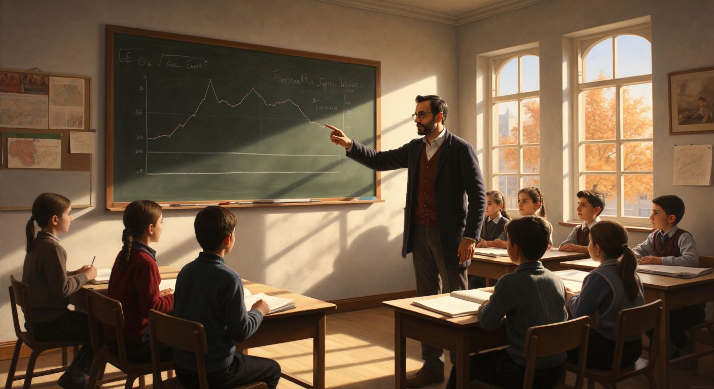 A Turkish teacher in a sunlit classroom points at a chalkboard displaying a symmetrical and asymmetrical bell curve, while students attentively observe with notebooks open.