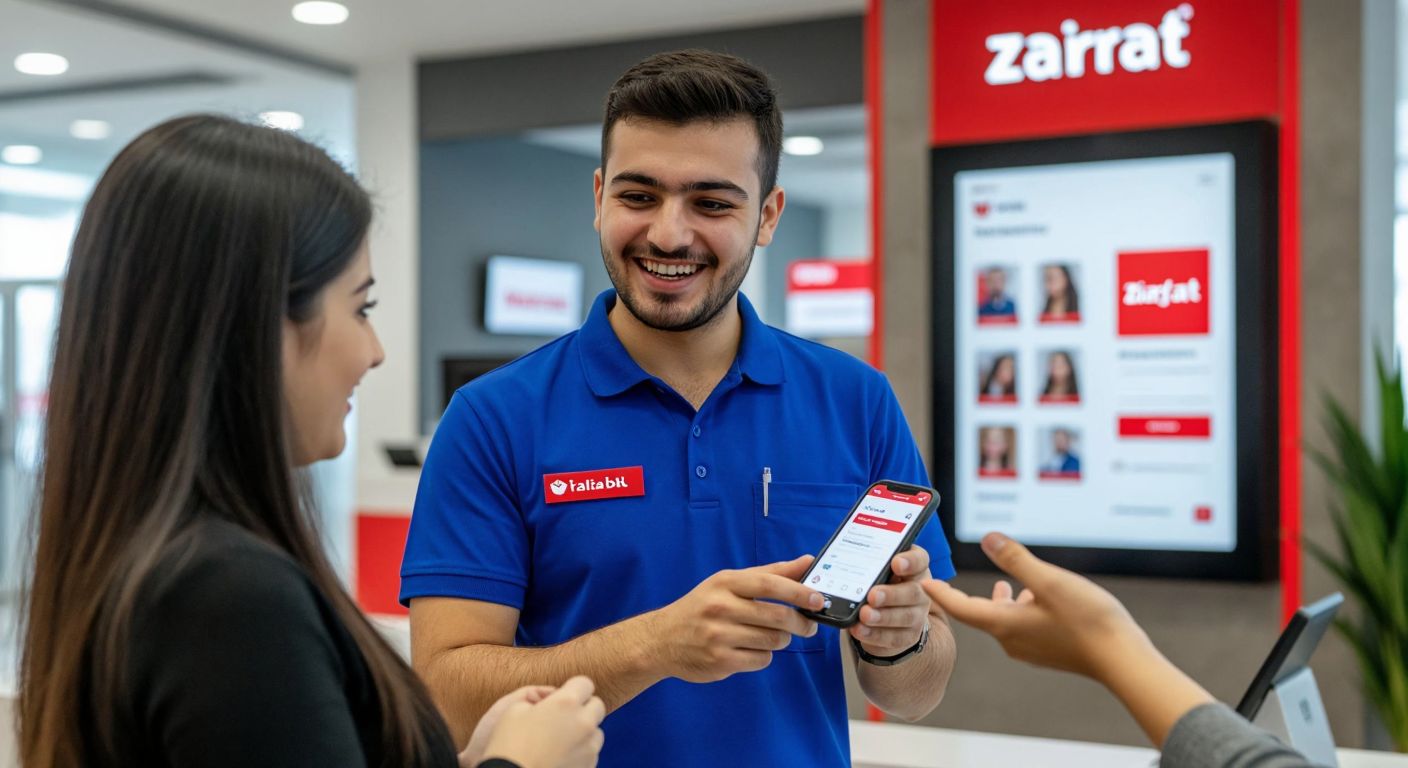 A smiling Turkish bank employee in a crisp blue uniform assists a customer at a modern Ziraat Bank branch, gesturing toward a smartphone displaying the Ziraat Mobil app with a bright, welcoming interface.