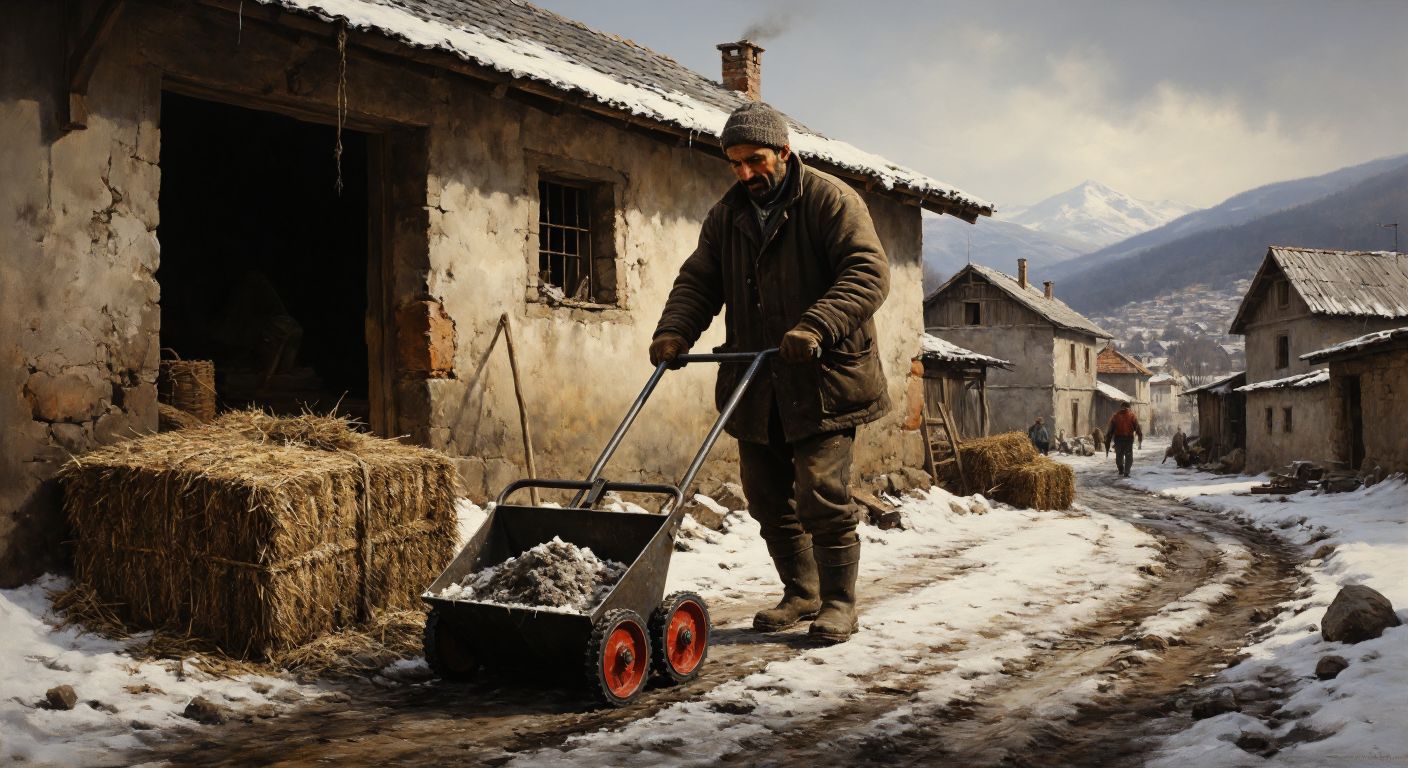 A sturdy wheeled scoop shovel with a long handle, pushed by a worker in a rural Turkish setting, clearing snow from a cobblestone path near a barn with hay bales stacked nearby.
